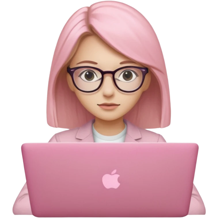 Chica lacia en una MacBook rosa investigando y haciendo tareas emoji