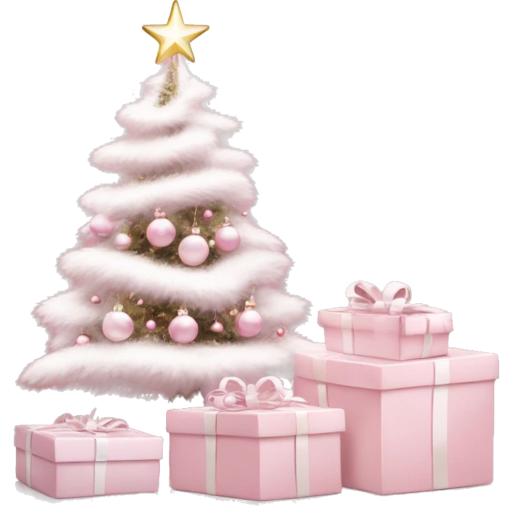 Light pink Christmas gifts under a white Christmas tree  emoji