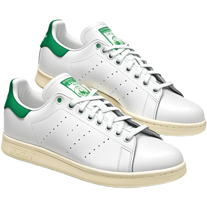 Two Adidas Stan Smith shoes arranged as a pair with one slightly behind the other, white with green heel details, clean classic design emoji