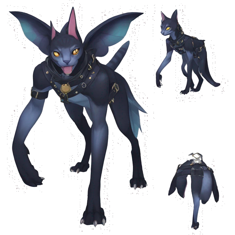 cool punk kawaii anime edgy distinguished pretty elegant beautiful fantasy black ethereal nargacuga-Noivern-sphynx-Quiana-Fakemon collar harness belt pouches full body emoji