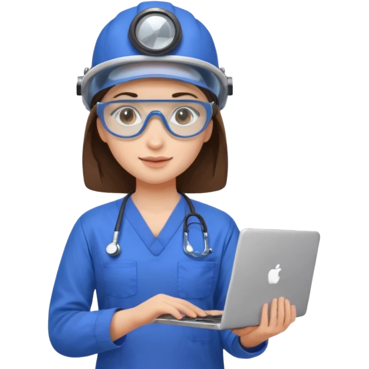 i need a brunette young woman in blue scrubs with brown eyes fair skin with safety goggles on and a laptop for research emoji