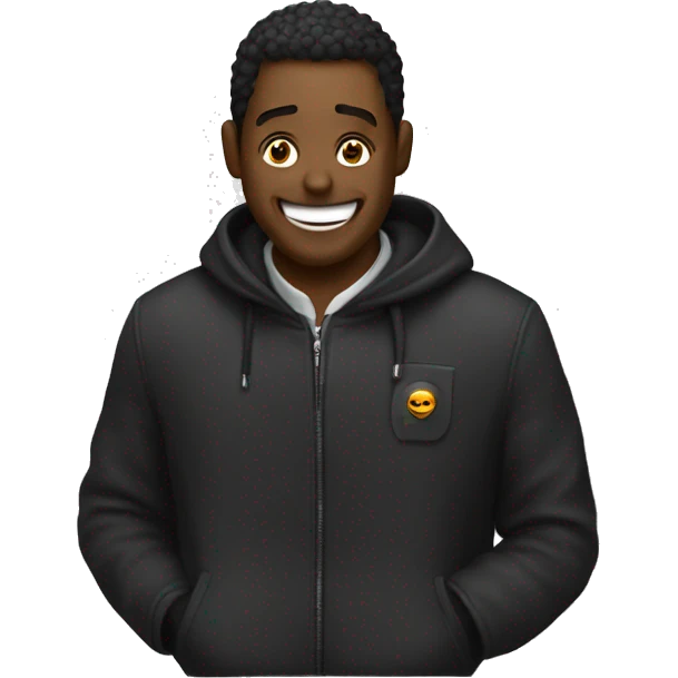 Persona encapuchada con una chaqueta negra riendo  emoji