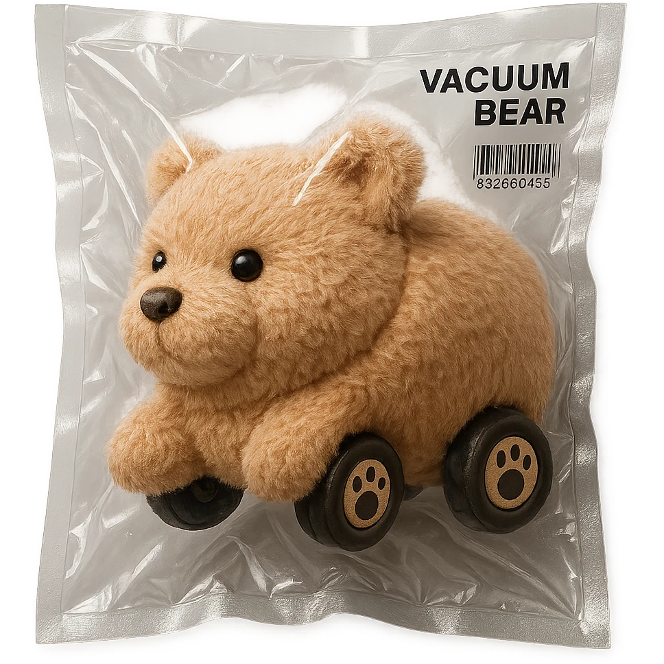 adorable fluffy vacuum cleaner bear, tiny paw wheels, rolling, soft brown pastel, full-body emoji