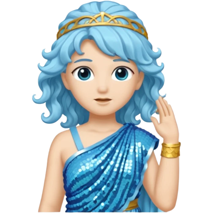 Athena from Roman Deities with long light blue wavy hair, light blue sequin toga emoji