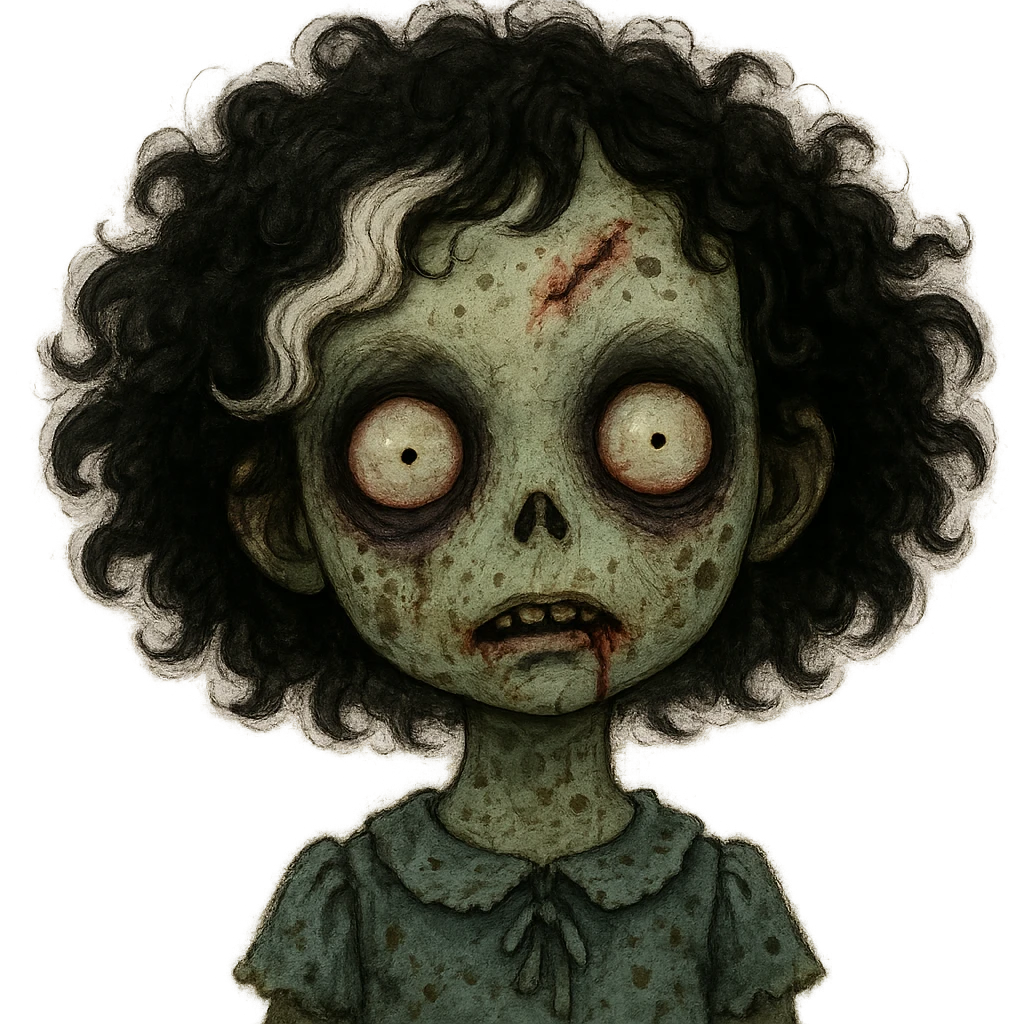 adorable zombie girl, black curly hair with a white streak, unsettling face, makeup emoji