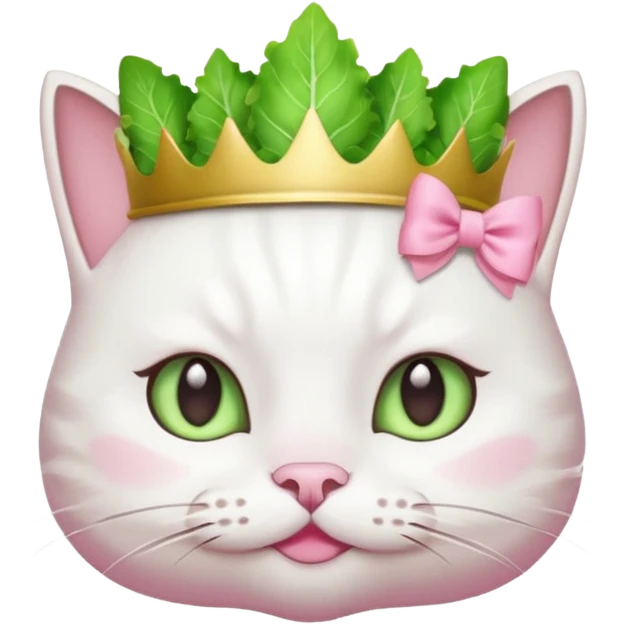 white cat with pink bow and light green lettuce crown, emoji style emoji