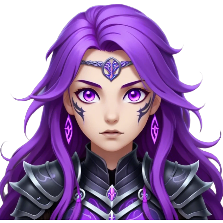 A mysterious warrior girl with long, flowing purple hair catching the dim light. Her glowing violet eyes stare forward, unwavering. She wears sleek black armor, adorned with silver runes that pulse faintly with hidden power. A dark mist swirls at her feet, hinting at the energy she commands. emoji