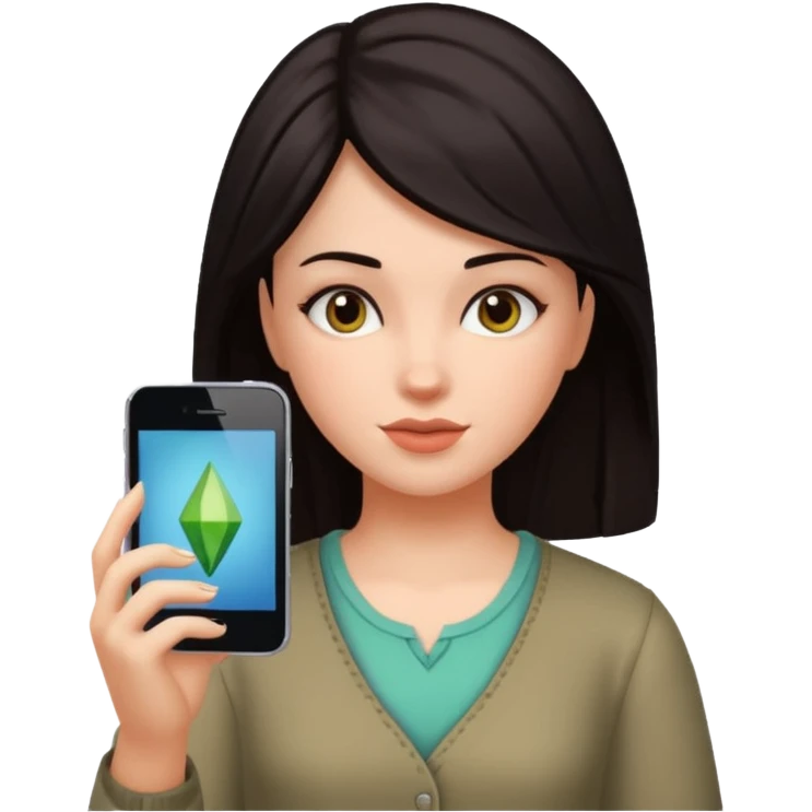 una chica de cabello oscuro y piel blanca jugando a los sims emoji