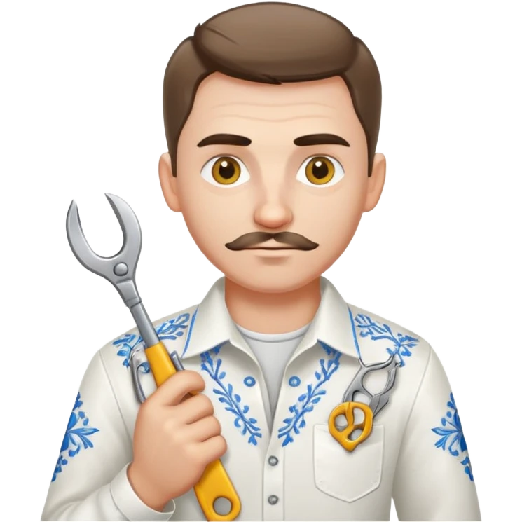 A Ukrainian man in a white embroidered shirt holds a spanner in one hand and scissors in the other emoji