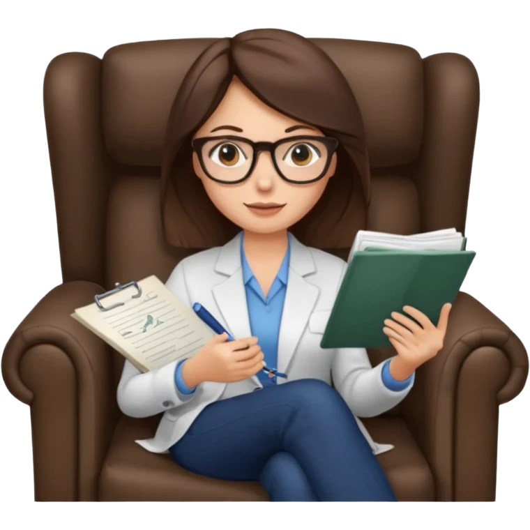 female therapist, brunette, brown eyes, light skin, sitting in an armchair with notes, wearing glasses emoji