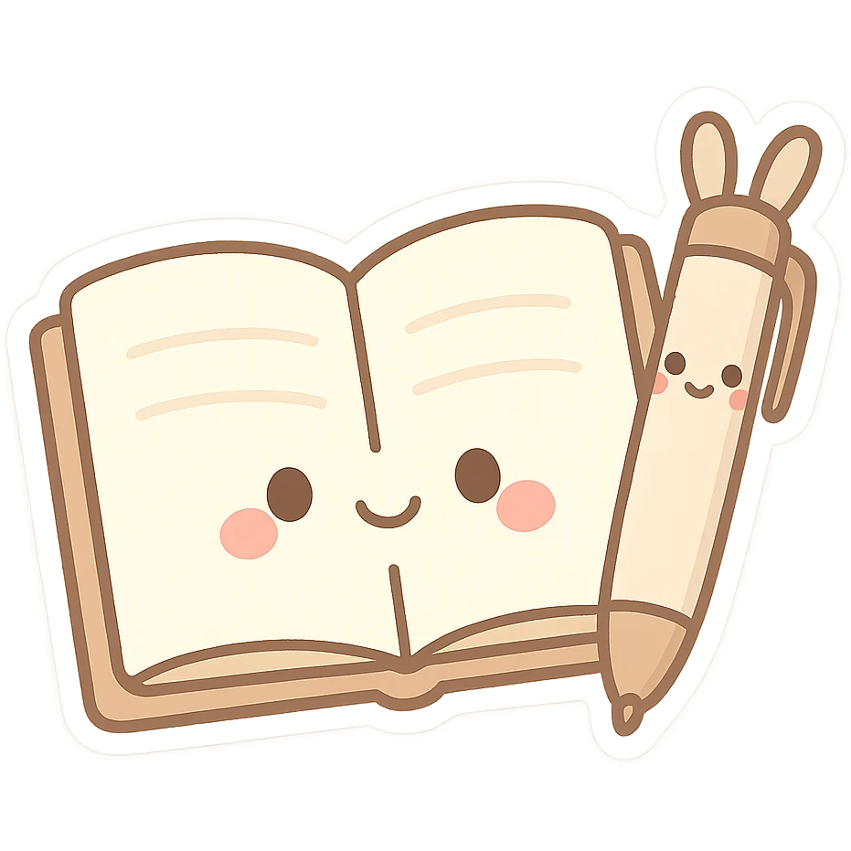 cute open notebook, simple pen with ears, chibi stickers style, cartoonish, transparent background emoji