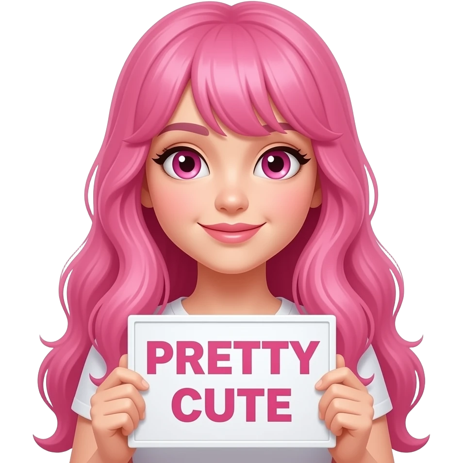 sexy girl with long pink hair and pink eyes wearing a holding a PRETTY CUTE sign emoji
