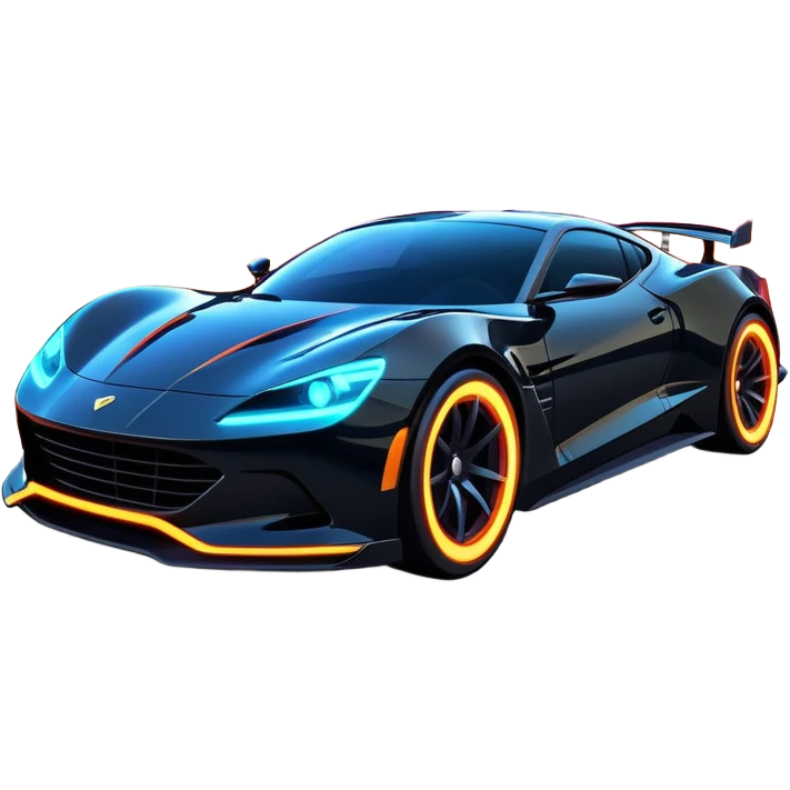 An icon showing a sleek car speeding through a neon-lit cityscape, inspired by Need for Speed. The design features dynamic motion lines, glowing tires, and a vibrant city backdrop with skyscrapers and lights. The rush of high-speed racing is highlighted. Transparent background. emoji
