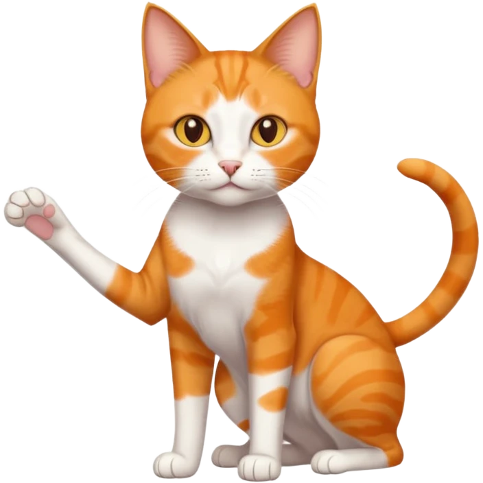 full body realistic orange domestic shorthair slim cat with yellow/orange eyes paw being white and the other being half emoji
