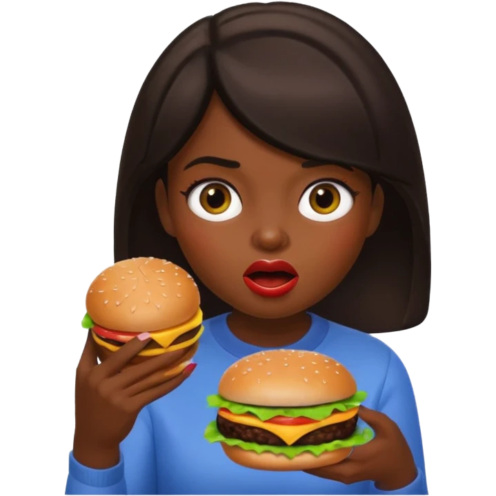 a girl with dark hair eating a burger, apple memoji style, surprised expression emoji