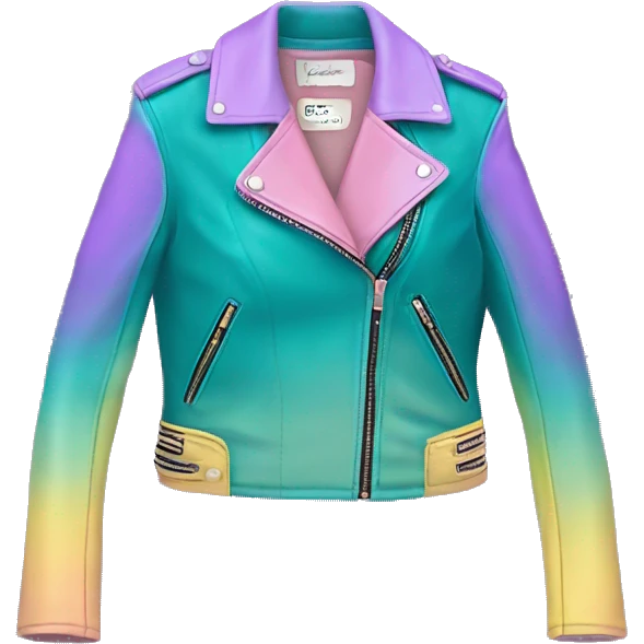 Realistic isolated side view of an open teal,pastel pink,pastel purple,and yellow ombre feminine fashion leather jacket.  emoji
