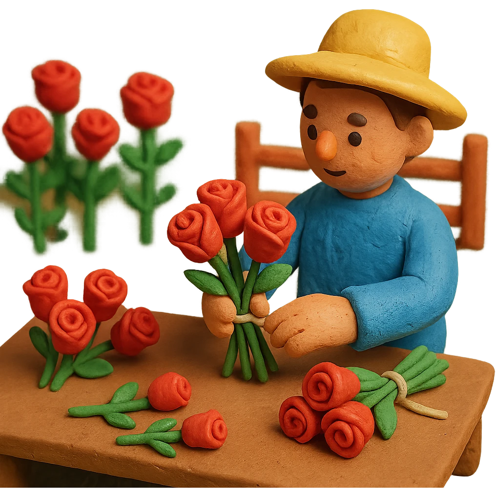 rose farm emoji with roses being sorted and tied into bunches, claymation style emoji