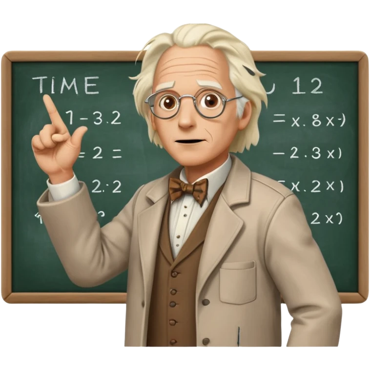 Doc Brown from Back to the Future, pointing at a chalkboard with time travel equations, animated expression emoji