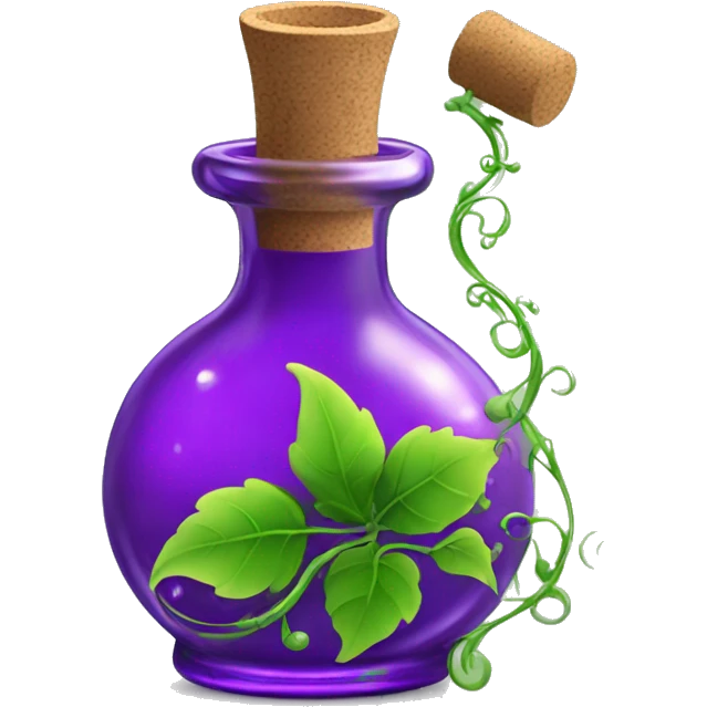 A glass potion bottle with a cork, filled with swirling purple liquid that has beautiful green vines wrapping around the bottle emoji