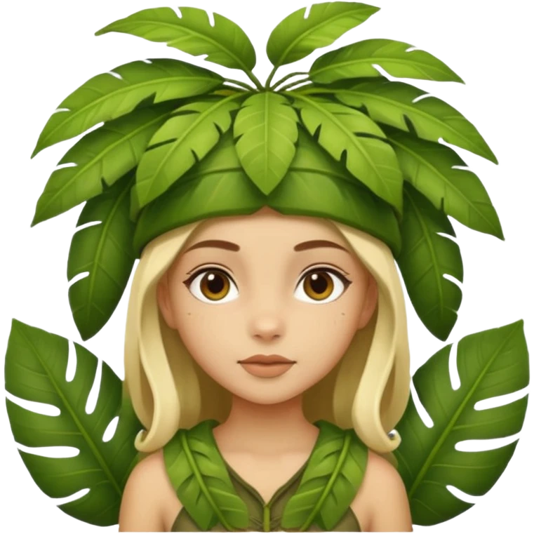 a girl with jungle wearing a large leaf headgear bye  emoji