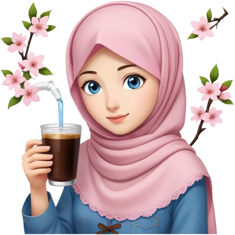 Turkish beautiful finish Konya girl blue eyes with light pink denim hijab islamic dress and had on her hand sakura blossoms in cold brew coffee  emoji
