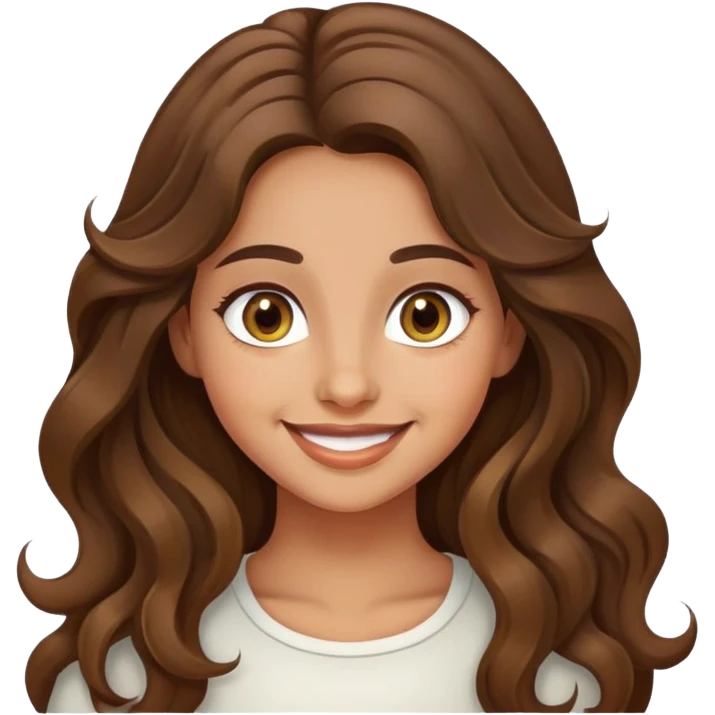 Smiling girl with long brown wavy hair, olive hazel eyes  emoji