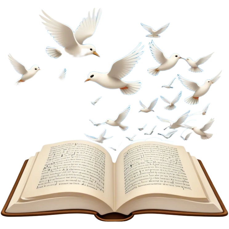 Icon for Poetry Reading: an open book with verses on the pages, from which fly pages transforming into a large flock of small white birds soaring into the blue sky. The icon should evoke the freedom and beauty of poetry. Transparent background. emoji