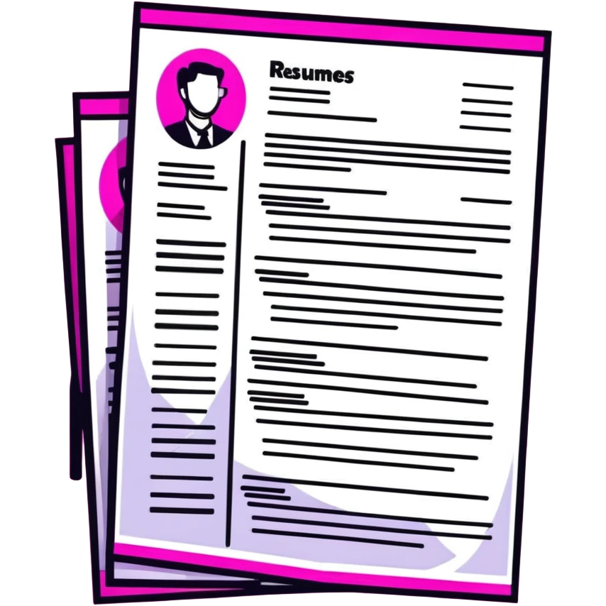 stack of resumes, transparent glass with bright pink gradient from #FF335F to #FF99AA, soft shadows and highlights, minimalistic emoji