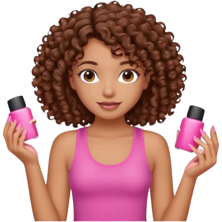 Uma menina com o cabelo cacheado é morena, e com uma regata rosa com unha em gel  emoji