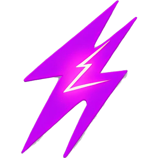 A bold lightning bolt with sharp edges, glowing in neon purple and hot pink. Set against a black background with a faint electric glow effect. Add subtle sparks for extra energy. emoji
