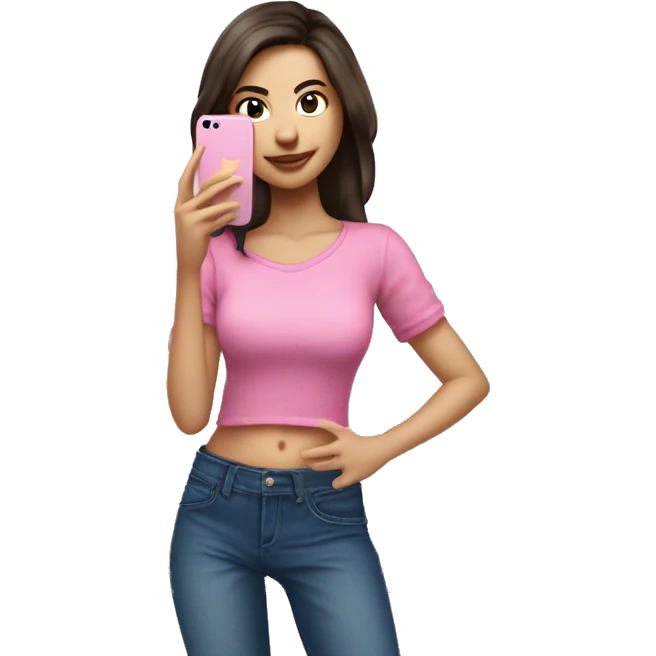 Brunet woman  in pink shirt and blue jeans take a photo in mirror by iPhone 16 emoji