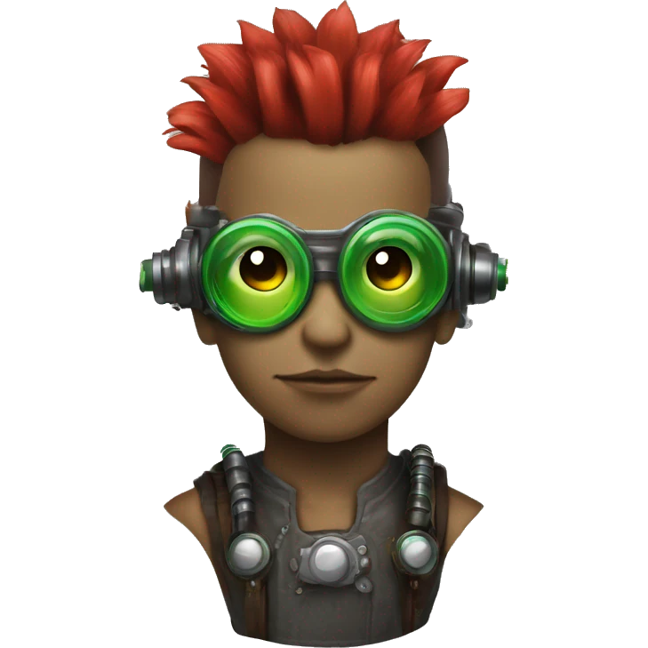 Male cyborg with thin red Mohawk and green steampunk goggles emoji