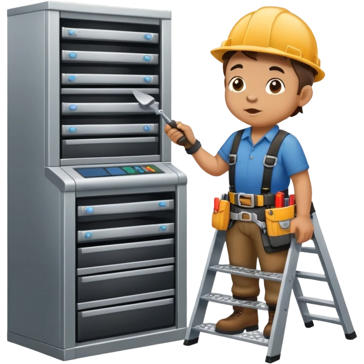 Midget standing on a step ladder blowing into a server in a server rack  emoji