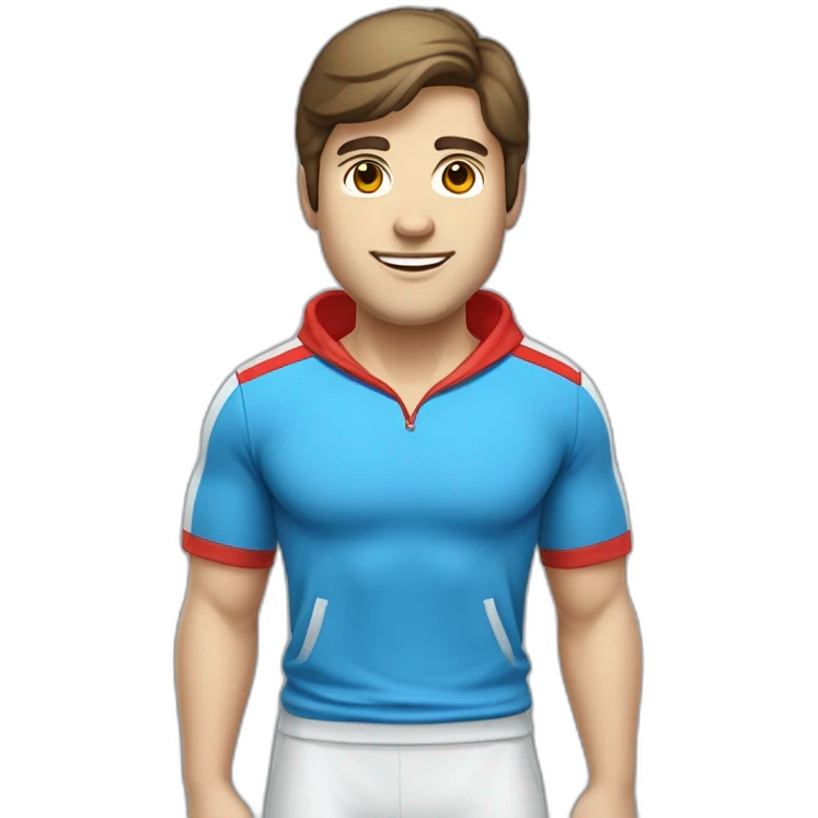 retro 70s blue and red gym clothes for a modern white brunette uni male student with glass emoji