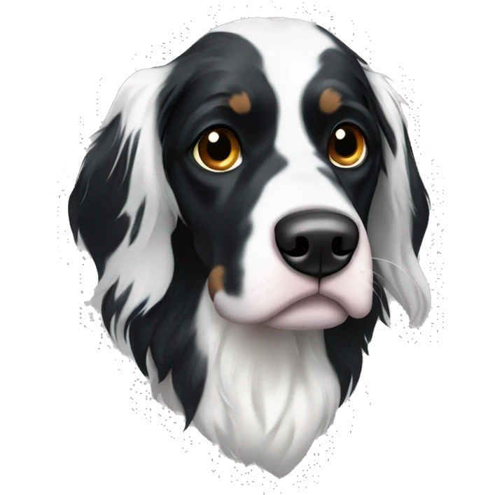 black and white English Setter face with asymmetrical black eye patches and zero brown fur emoji
