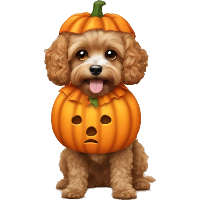 Cavapoo dog wearing a pumpkin costume emoji