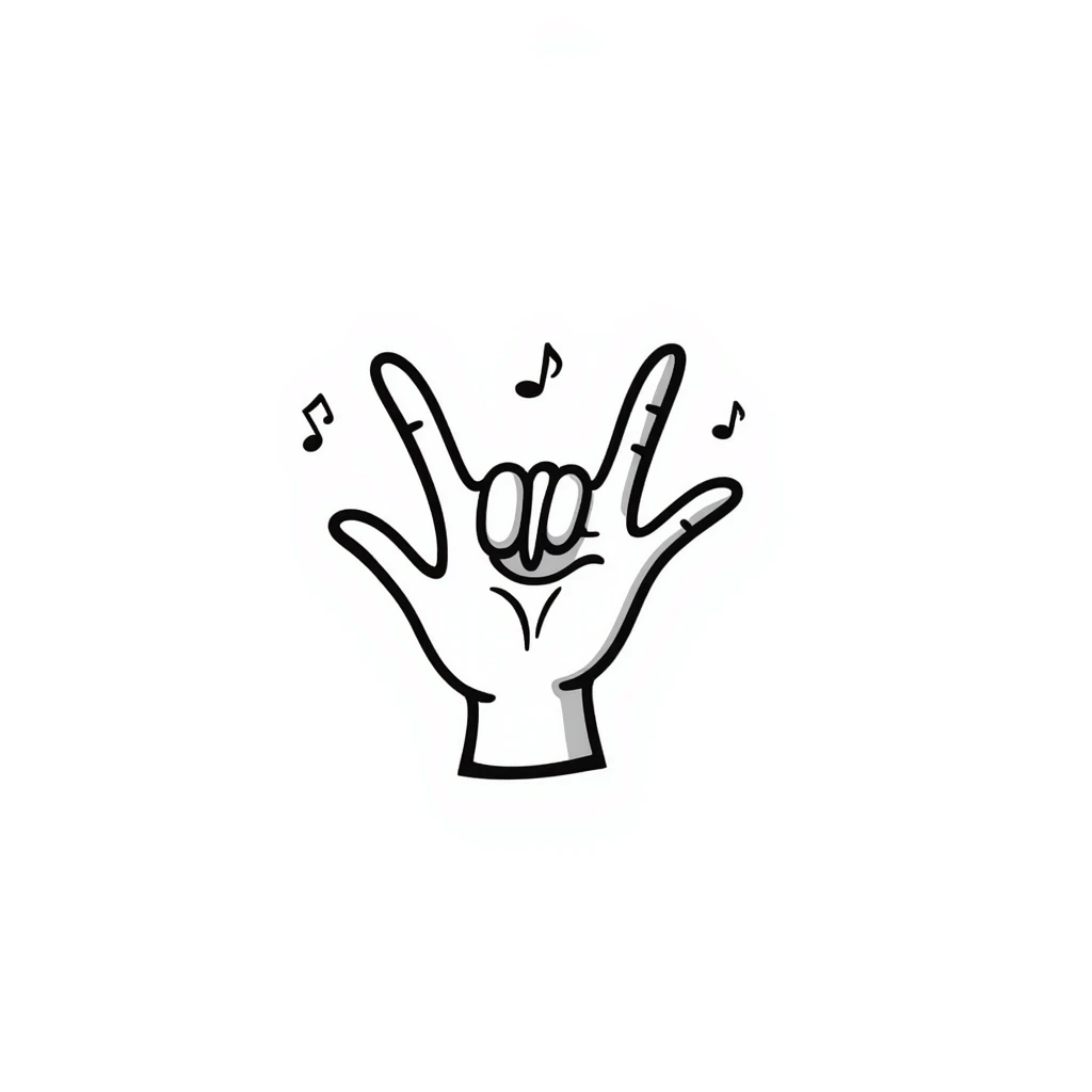 symmetrical hand making rock sign with musical details, stylized doodle style, square format, emoji style emoji