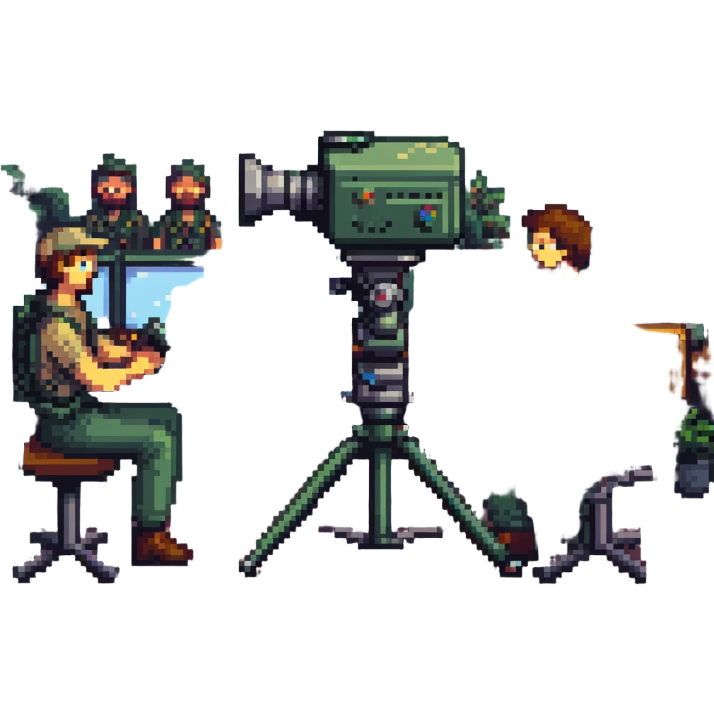 pixel art style, large high resolution image of a film crew collaboration: multiple members (cameraman, sound engineer, director) working together around a broadcast camera, dynamic atmosphere, wide shot, team spirit emoji