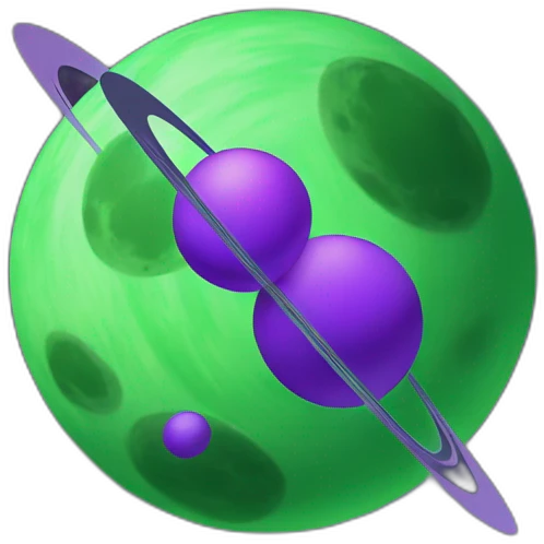 green planet with purple saturn rings and moon emoji