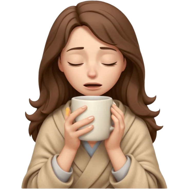 emoji-style illustration of a crying relaxed woman with long wavy brown hair, wrapped in a cozy beige blanket, holding a mug cup, eyes closed, sad and a bit anxious expression, soft 3D cartoon rendering, warm and comforting mood, plain background
 emoji