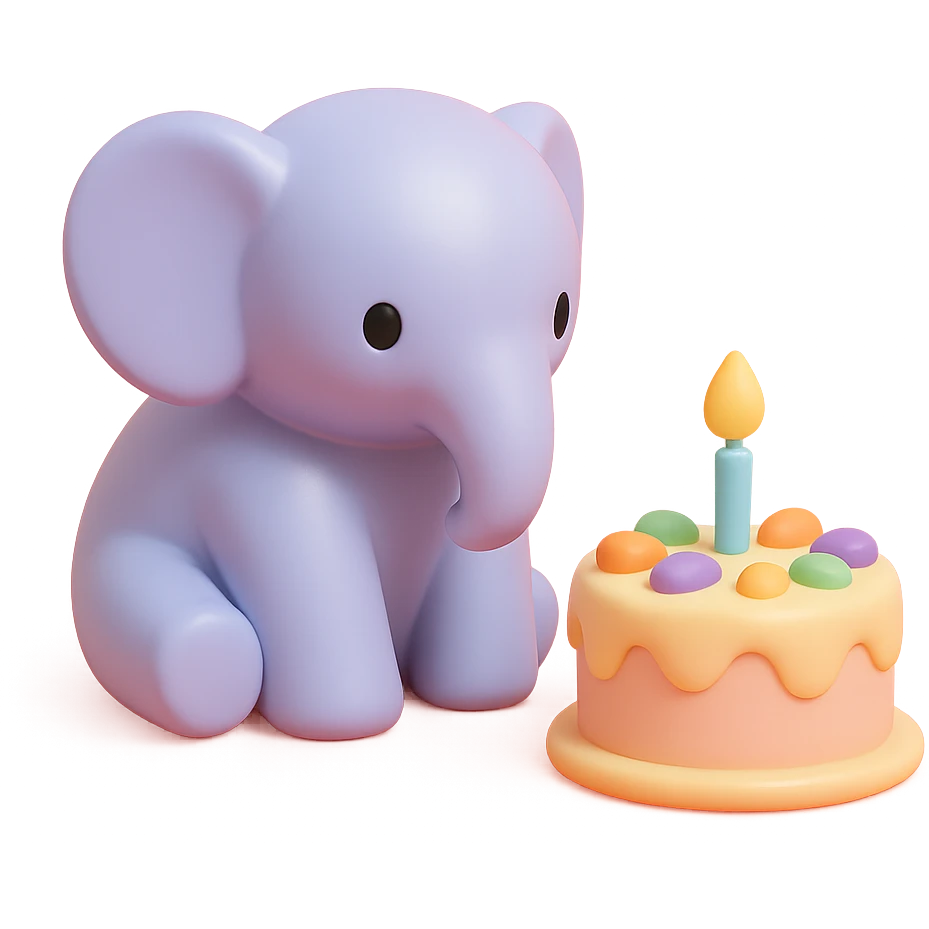 elephant beside one colorful candle-lit fruit cake, vinyl figure style emoji
