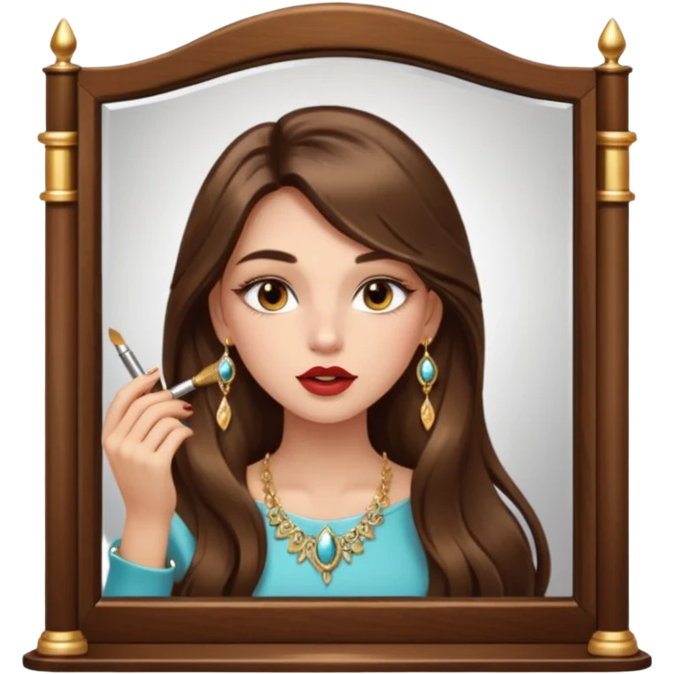 Girl with long brown hair, gold jewelry, and lashes, putting on lipgloss while looking in a mirror  emoji