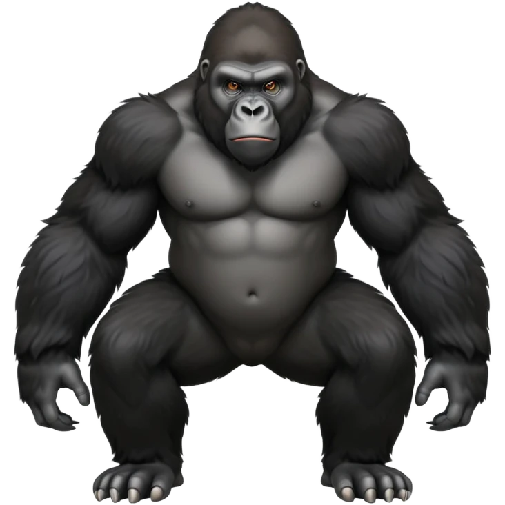 cinematic-friendly gorilla-realistic-full-body-crouched on all fours-emoji,-broad-and-powerful-frame-poised-with-confidence,-massive-arms-hanging-slightly-forward,-head-tilted-thoughtfully,-thick-black-fur,-deep-dark-eyes-full-of-intelligence,-simplified-yet-realistic emoji