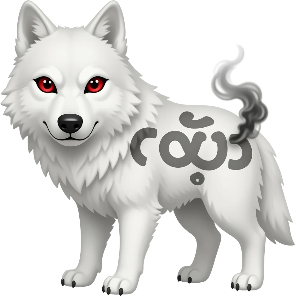 red sharp eyes, furious looking white wolf with fading black smoke and word "𝓐𝓼𝓴𝓲𝓶" watermared on wolf emoji