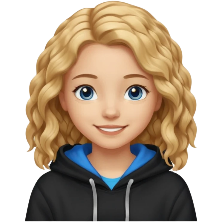 мила дівчинка з пшеничним хвилястим волоссям до грудей з голубими очами в чорному худі посміхається emoji