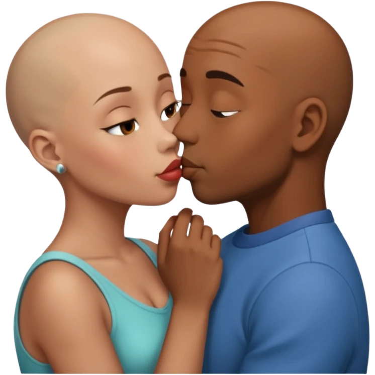Brown skin bald man kissing brown skin girl with short hair emoji