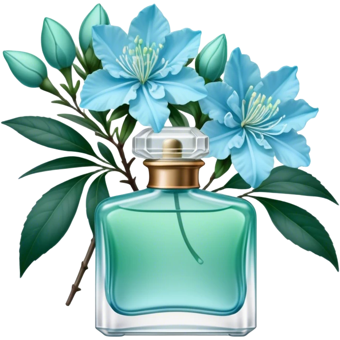 Aesthetic ensemble of soft blue azaleas alongside a charming vintage green perfume bottle.
 emoji