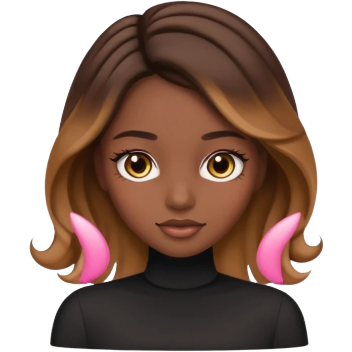 young woman with dark skin, brunette, straight hair with caramel balayage, brown eyes, curled lashes, blush, emoji style emoji
