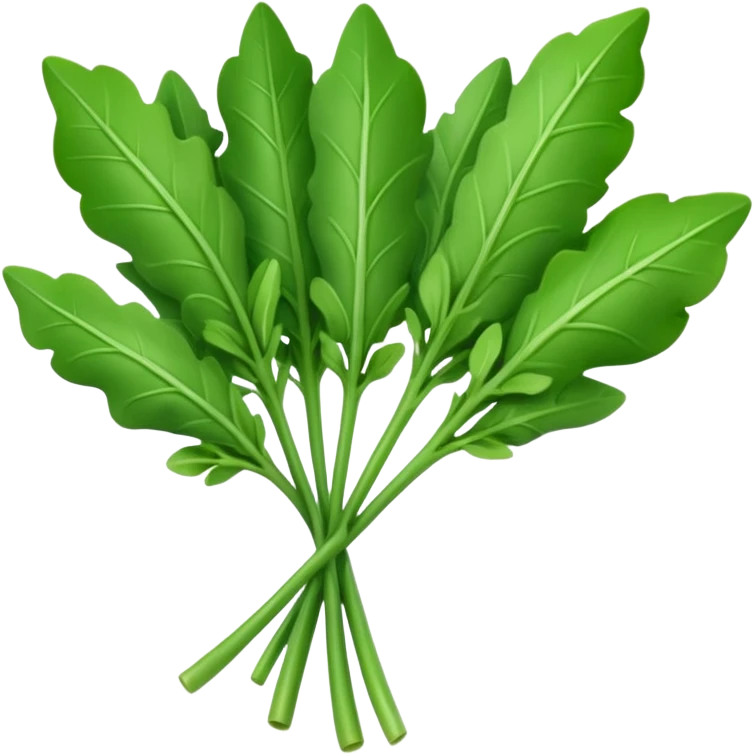 arugula leaves, small bunch, fresh, deep green, jagged elongated shapes, slender stems, slightly curled surface, loosely arranged, no bowl or plate, soft lighting, emoji scale emoji