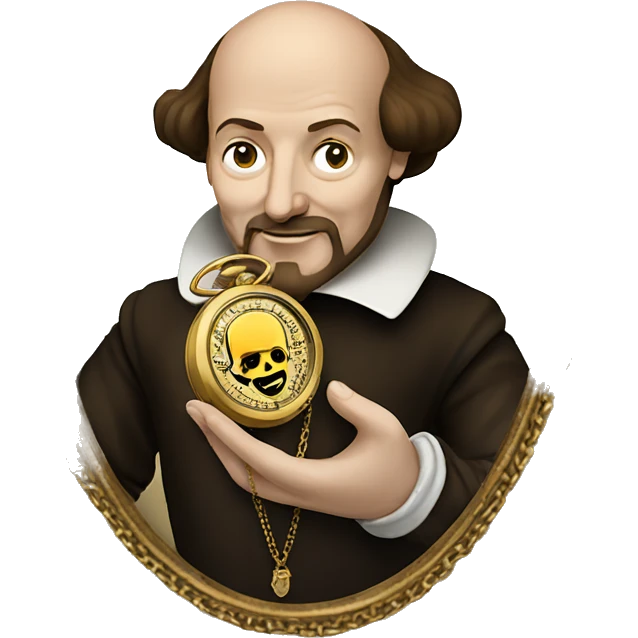 William Shakespeare holds an antique gold watch on a chain in his hand emoji